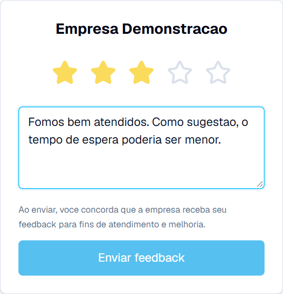 Página de avaliação do Avalie Ai com empresa demonstrativa