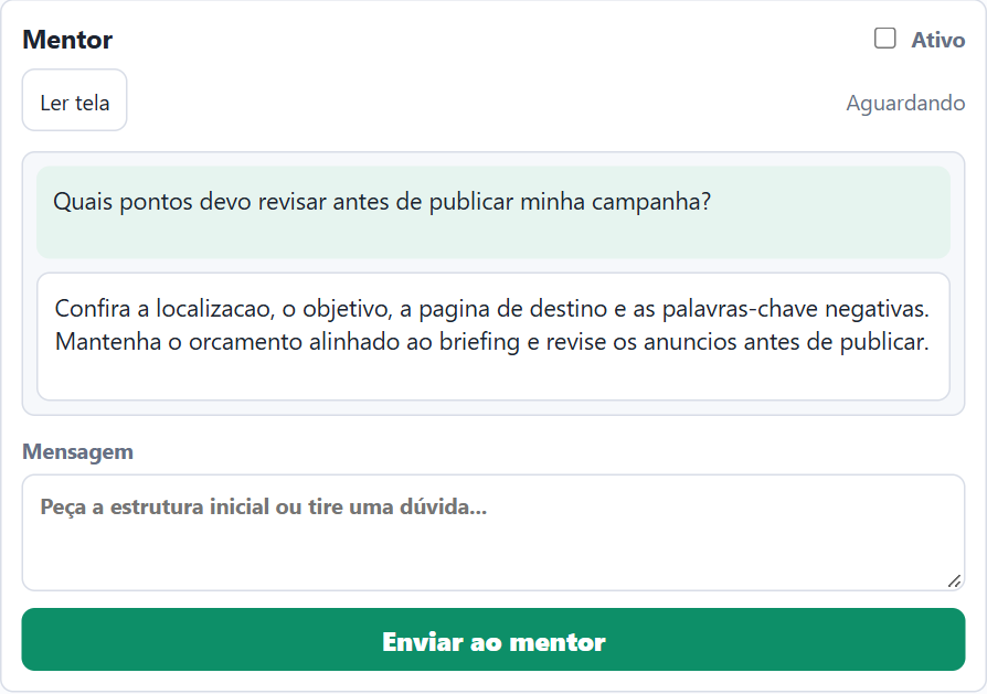 Extensão Google Ads Mentor com briefing e conversa demonstrativos