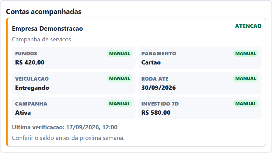 Radar da extensão Meta Ads Compliance com contas demonstrativas